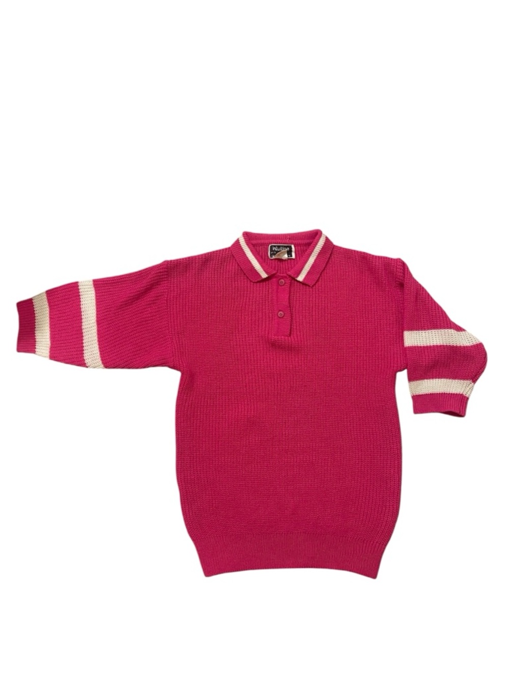Vintage Made In Korea Hot Pink Oversized Polo Sweater with Cream Stripes